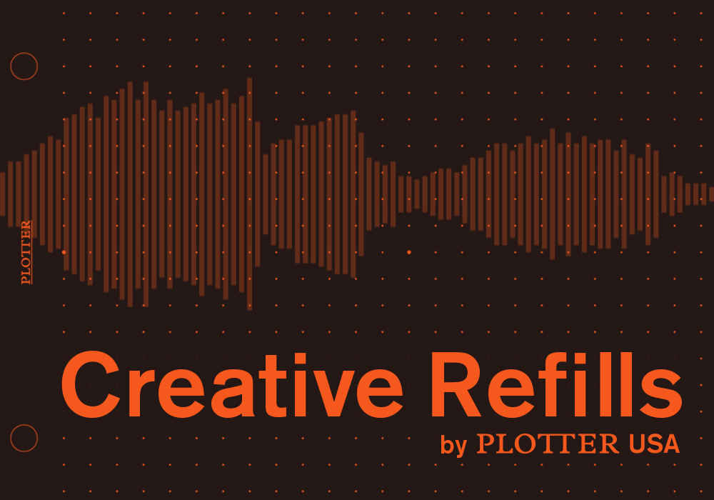 Sound waveform pattern in light orange on dark brown dot grid pattern with the title of Creative Refills.