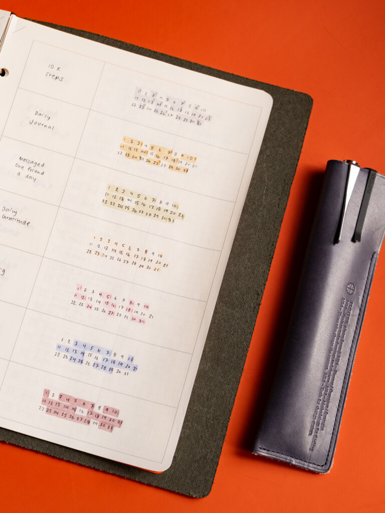A5 Chart Grid refill used as a monthly habit tracker with a pen sleeve beside it.