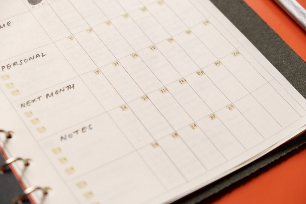 Close-up of A5 Chart Grid refill used as a monthly calendar schedule.
