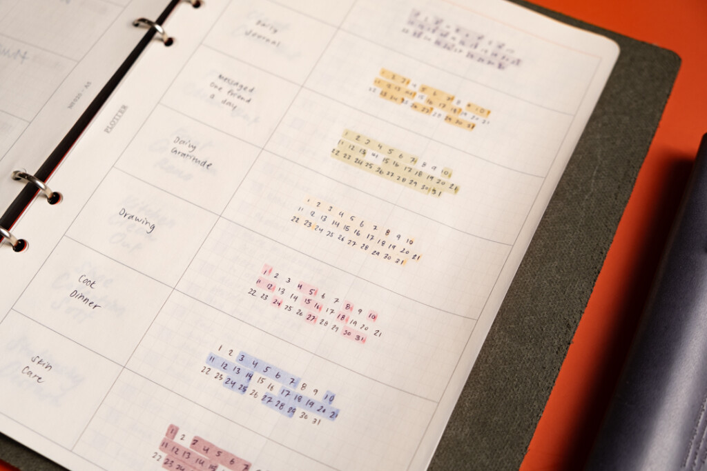 Close-up of A5 Chart Grid refill used as a monthly habit tracker.
