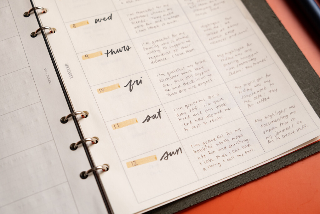 A5 Chart Grid refill used as a weekly schedule and gratitude journaling.