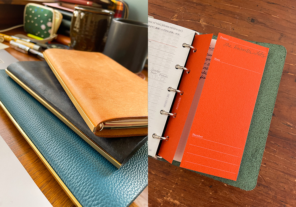 Two photos: Close-up of PLOTTER leather binder and stack of leather binders.