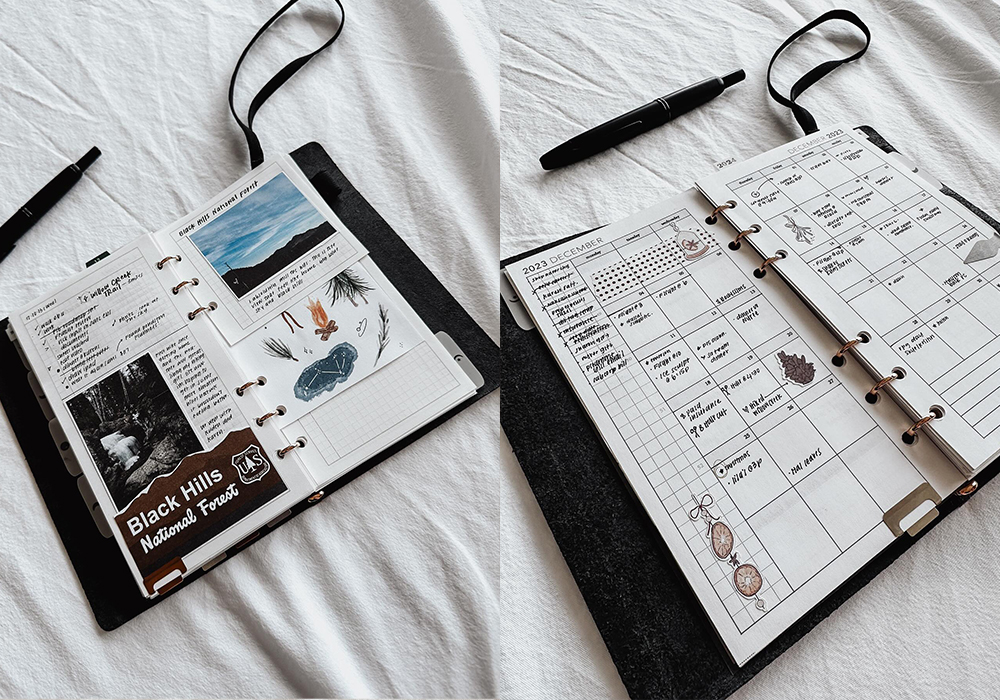 Two photos in a collage: PLOTTER Bible Size open with a monthly calendar and a page of journaling with photos and illustrations.