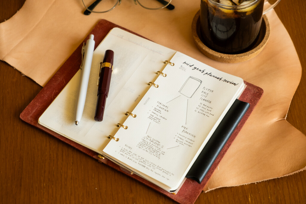 PLOTTER Leather Binder open with notes about planner systems beside ice coffee, pens and eye glasses.