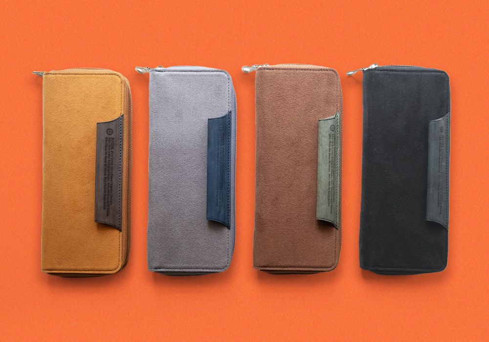 PLOTTER Long Zipper Pen Case with Ultrasuede®and Horse Hair II leather in four colors.