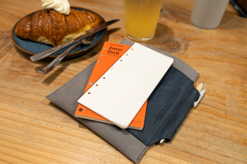 Refill Memo Pads on top of a Leather Binder Case in Bible Size near a drink and croissant.