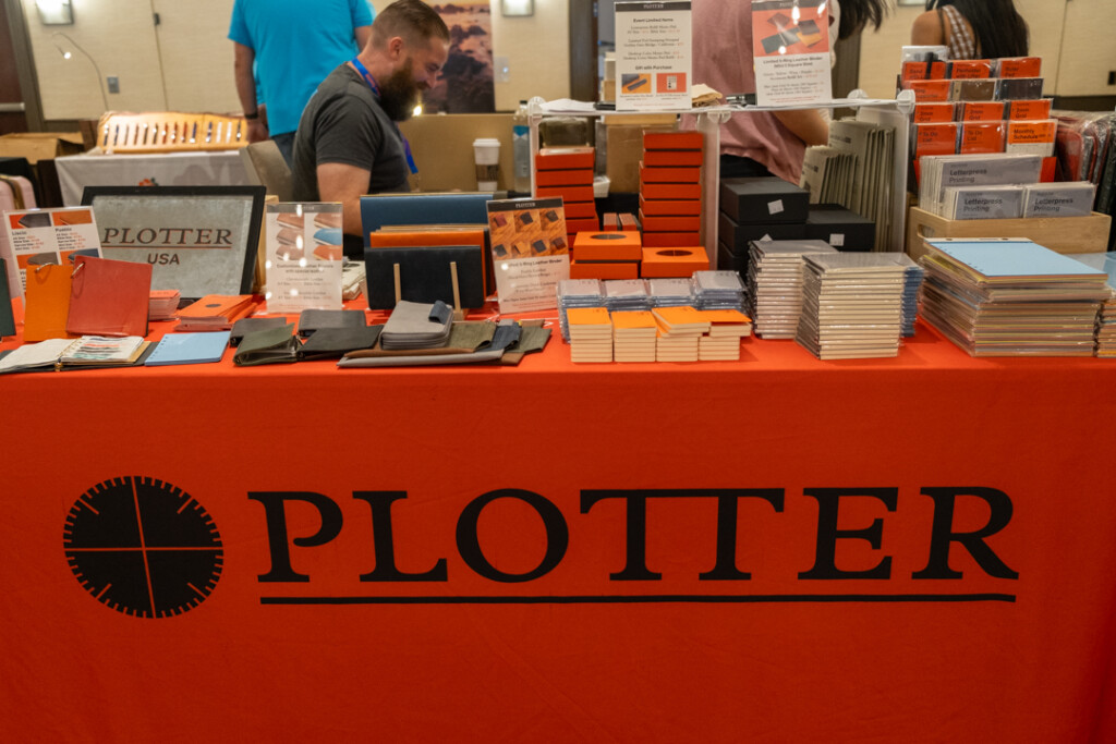 PLOTTER USA booth filled with Leather Binders, Refills and Accessories.