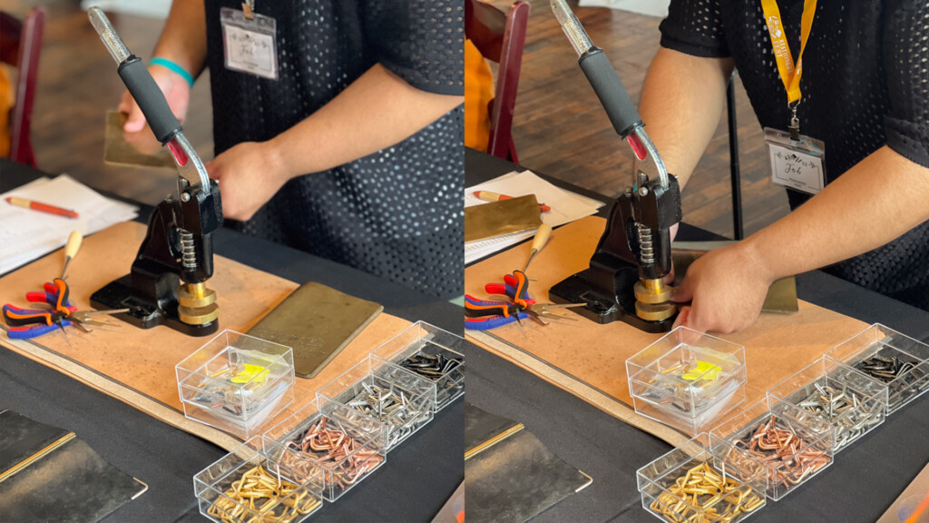 PLOTTER USA staff adding the corner hardware to a PLOTTER Leather Binder using a special machine press.