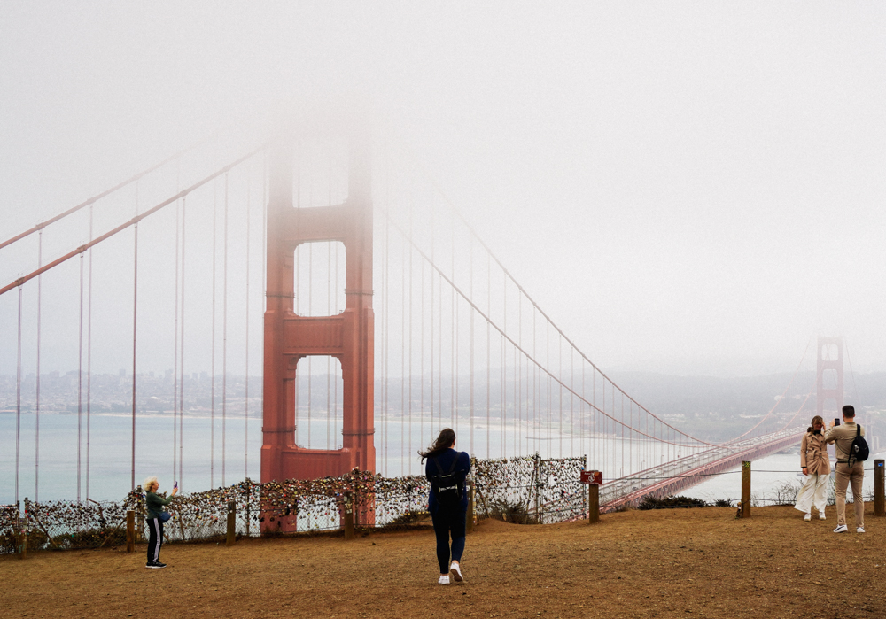 Golden Gate Bridge view covered partially by the fog.