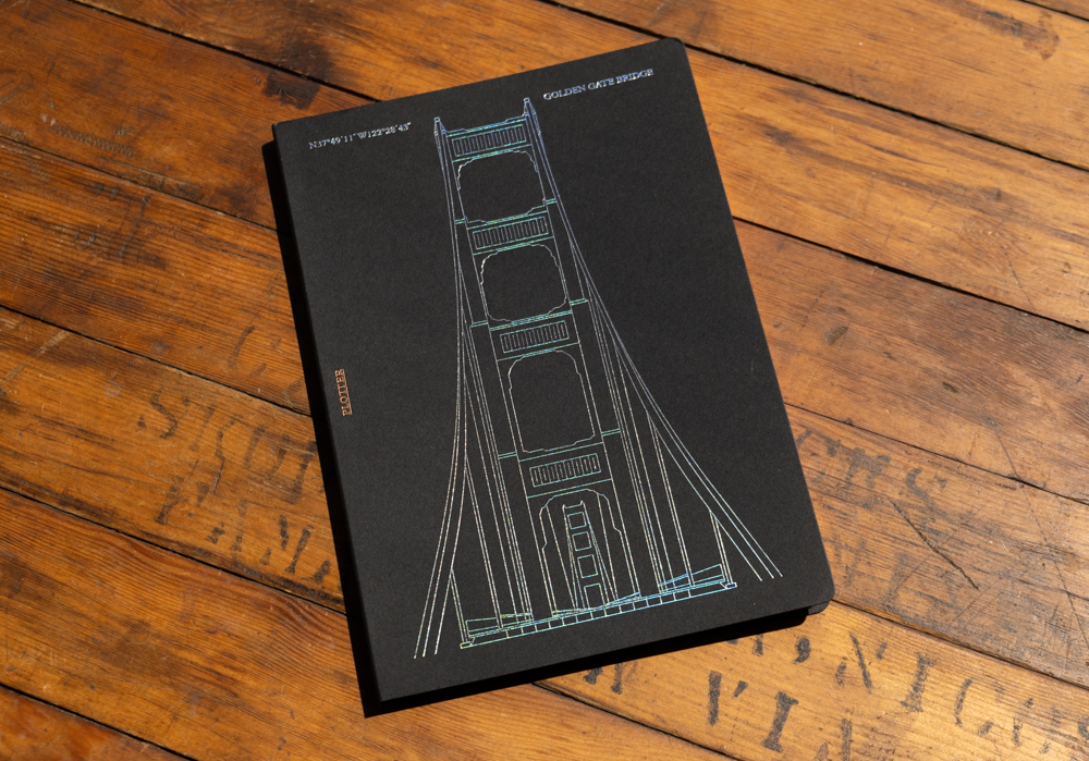 A Limited Foil Stamping Golden Gate Bridge Notepad with holographic foil stamping.