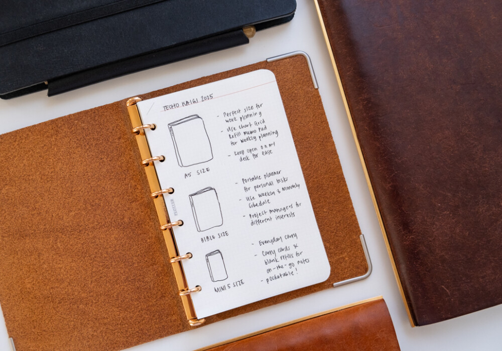 A PLOTTER Mini Size Leather Binder open to a notes page with drawings of PLOTTER leather binders surrounding by PLOTTER Leather Binders.