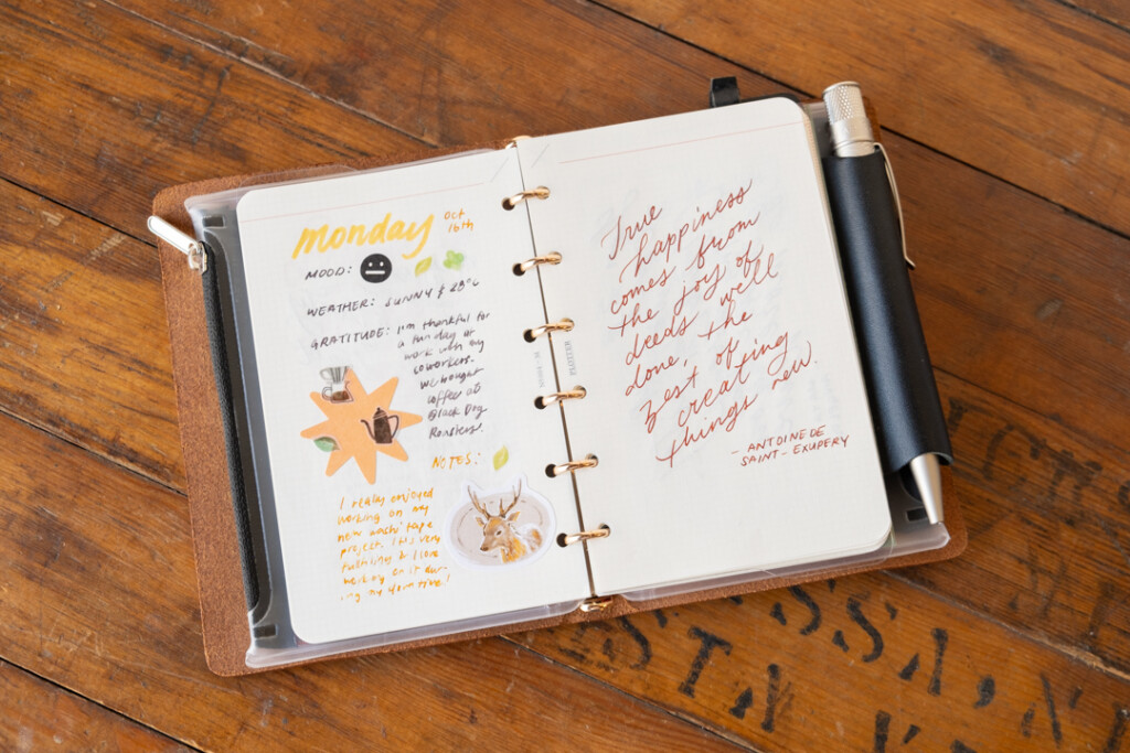 Over-head view of a PLOTTER Mini Size Leather Binder with journaling on the page that contains writing and stickers.