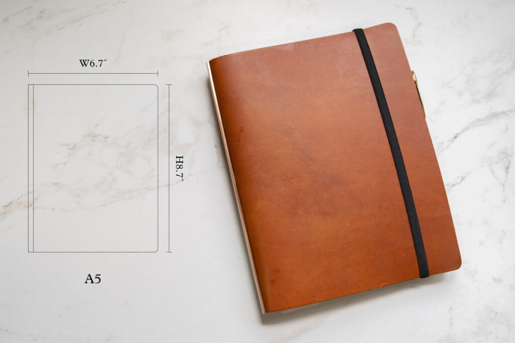 Illustration of a PLOTTER with the width and height of the PLOTTER Leather Binder beside a corresponding PLOTTER of the same A5 size.