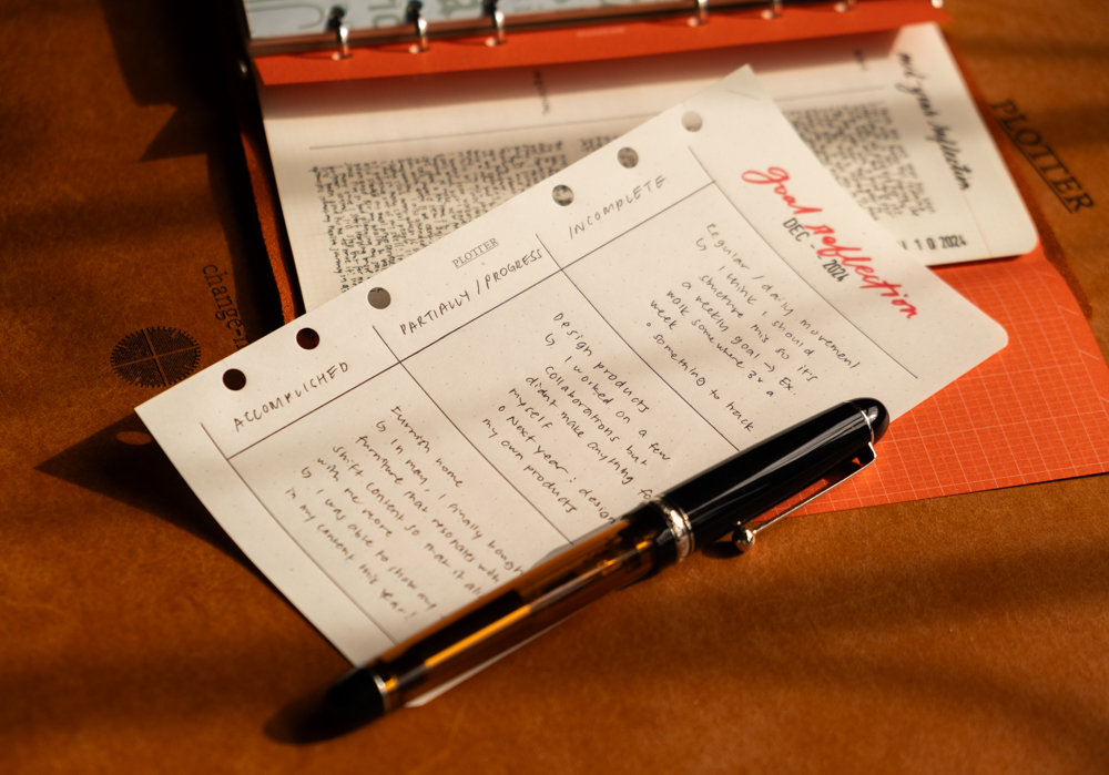 PLOTTER Bible Size Leather Binder open to a goal reflection page which assess completed, in-progress and incomplete goals.