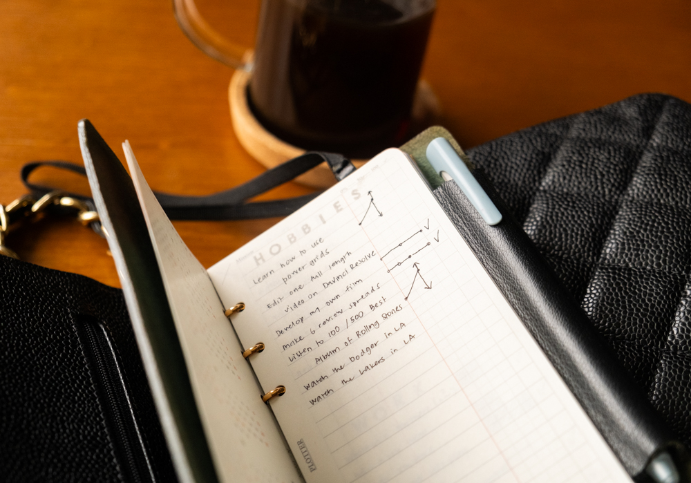 A PLOTTER Narrow Size Leather Binder open to a list of new year's goals related to hobbies. The PLOTTER is resting on top of a hand bag.