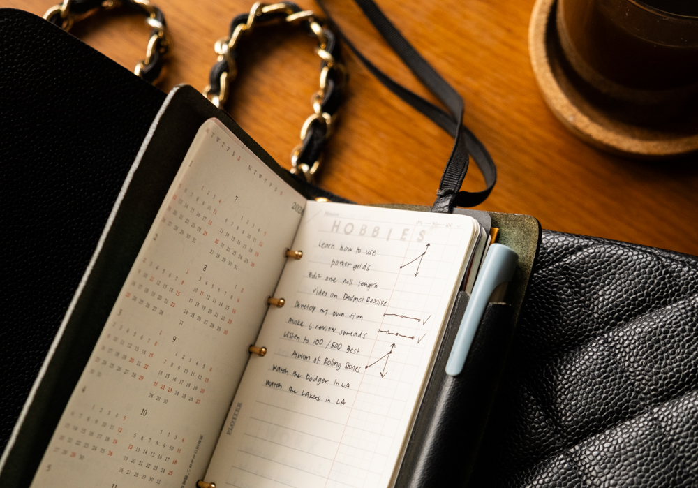 A PLOTTER Narrow Size Leather Binder open to a list of new year's goals related to hobbies. The PLOTTER is resting on top of a hand bag.