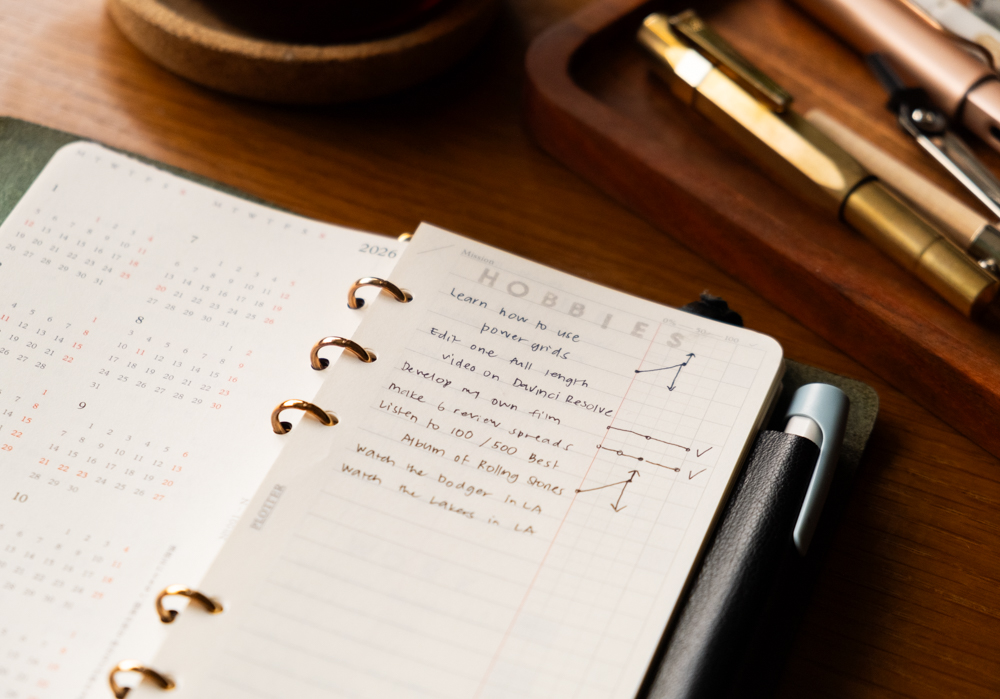 A close up of PLOTTER Narrow Size Leather Binder open to a list of new year's goals related to hobbies.