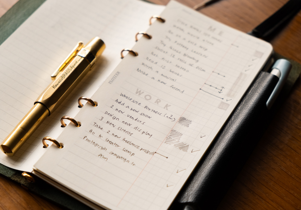 A close up of a PLOTTER Narrow Size Leather Binder open to a List of new year's work and personal goals.