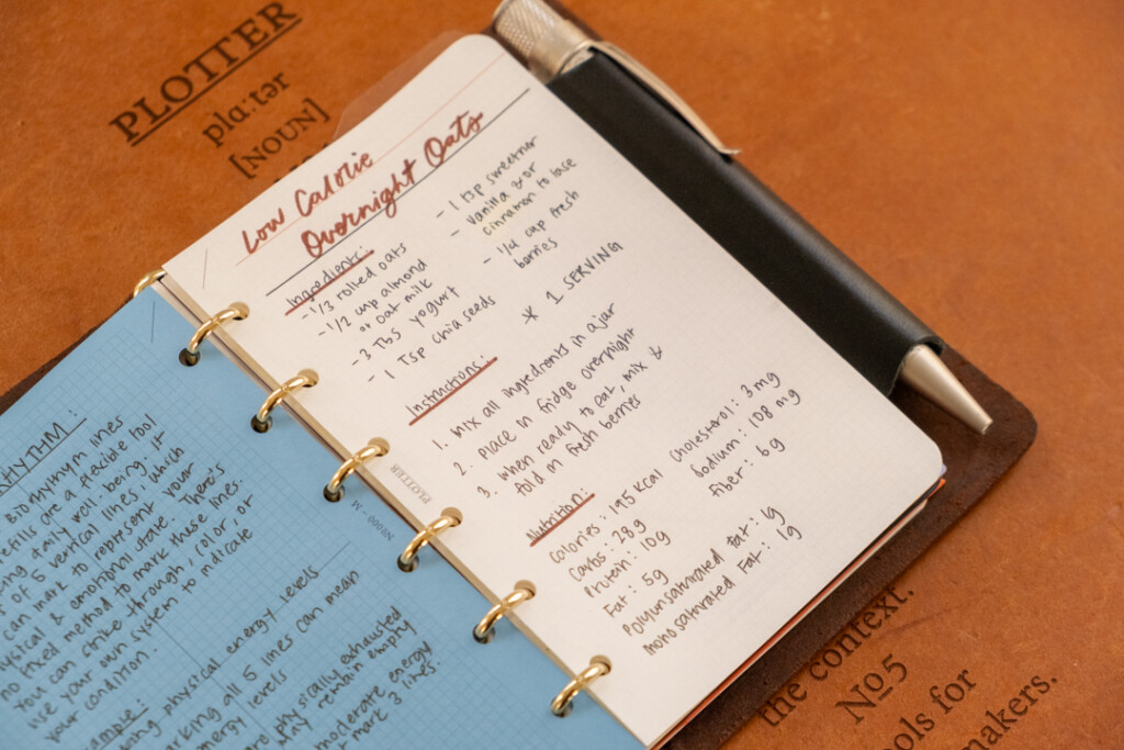 Close-up of a PLOTTER Mini Size open to a hand-written recipe for Overnight Oats