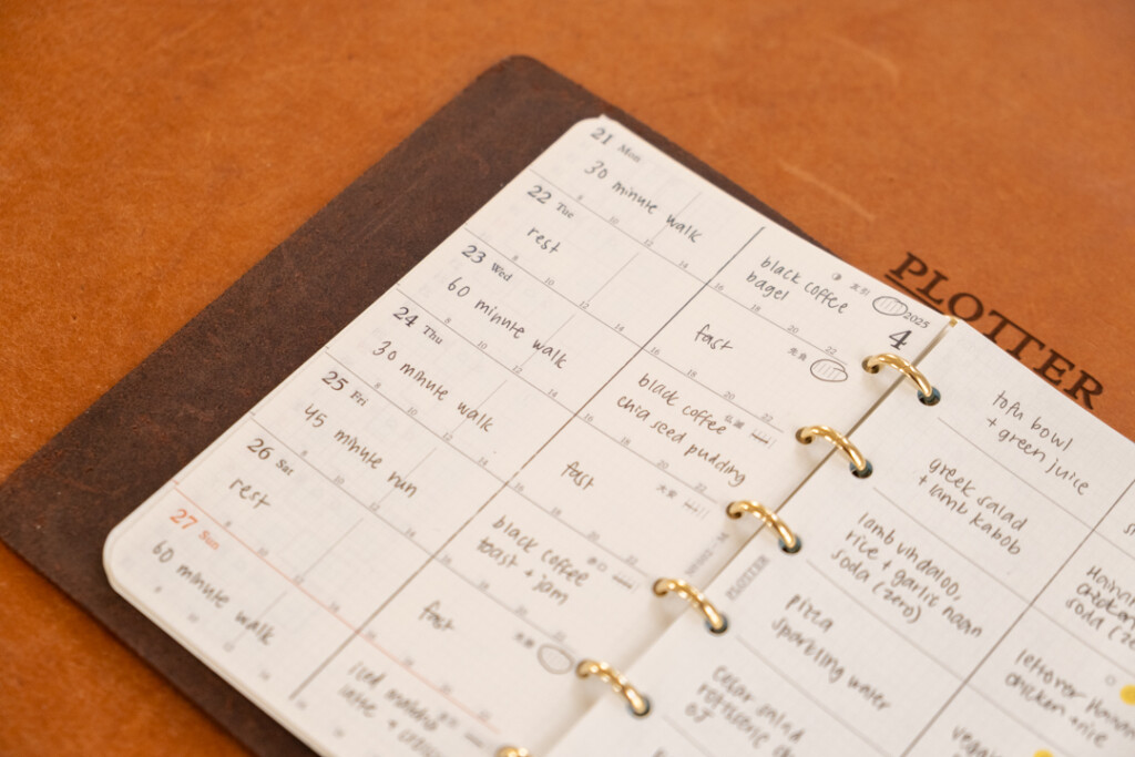 Close-up of a PLOTTER Mini Size open to a spread on a weekly planner that's being used as a meal and workout tracker.