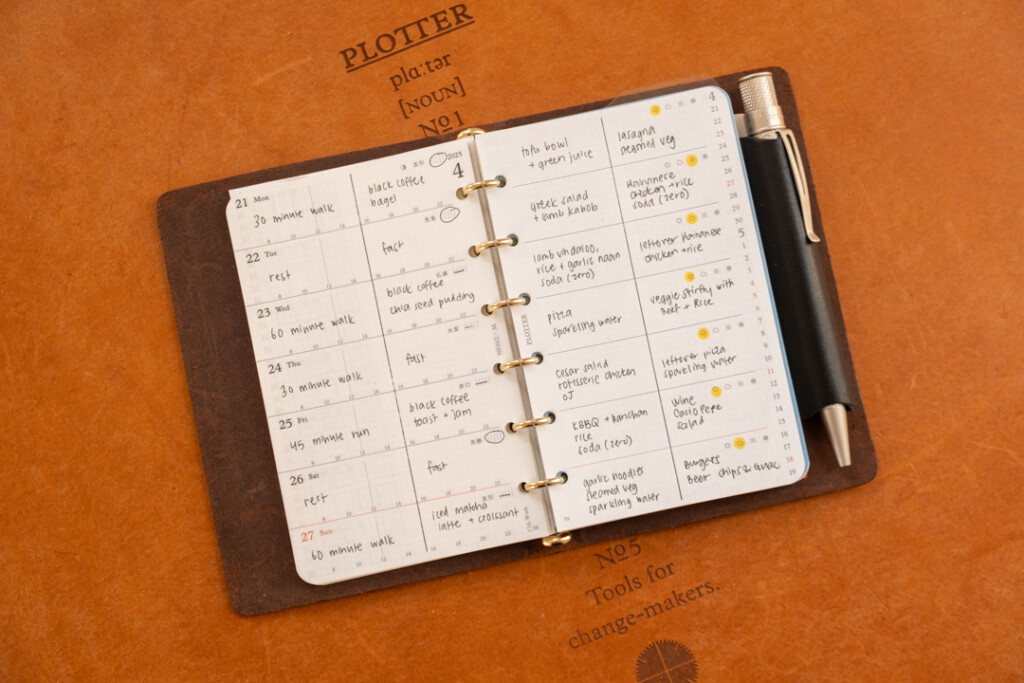 A PLOTTER Mini Size open to a spread on a weekly planner that's being used as a meal and workout tracker.