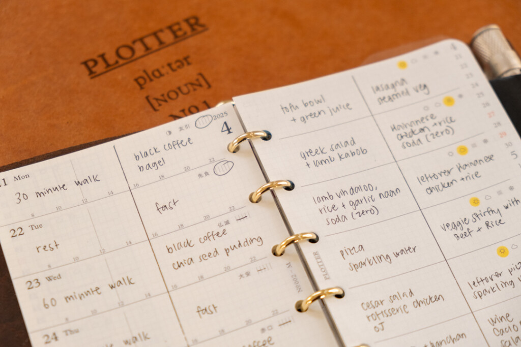 Close-up of a PLOTTER Mini Size open to a spread on a weekly planner that's being used as a meal and workout tracker.
