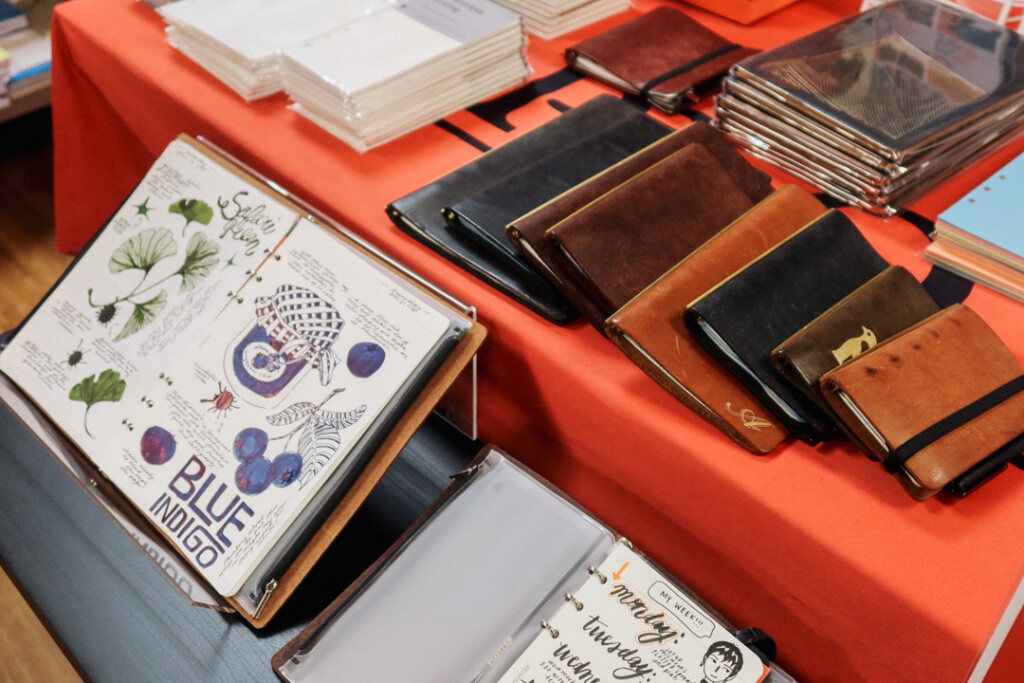The PLOTTER display at Dromgoole's Fine Writing Instruments store filled with sample leather binders.