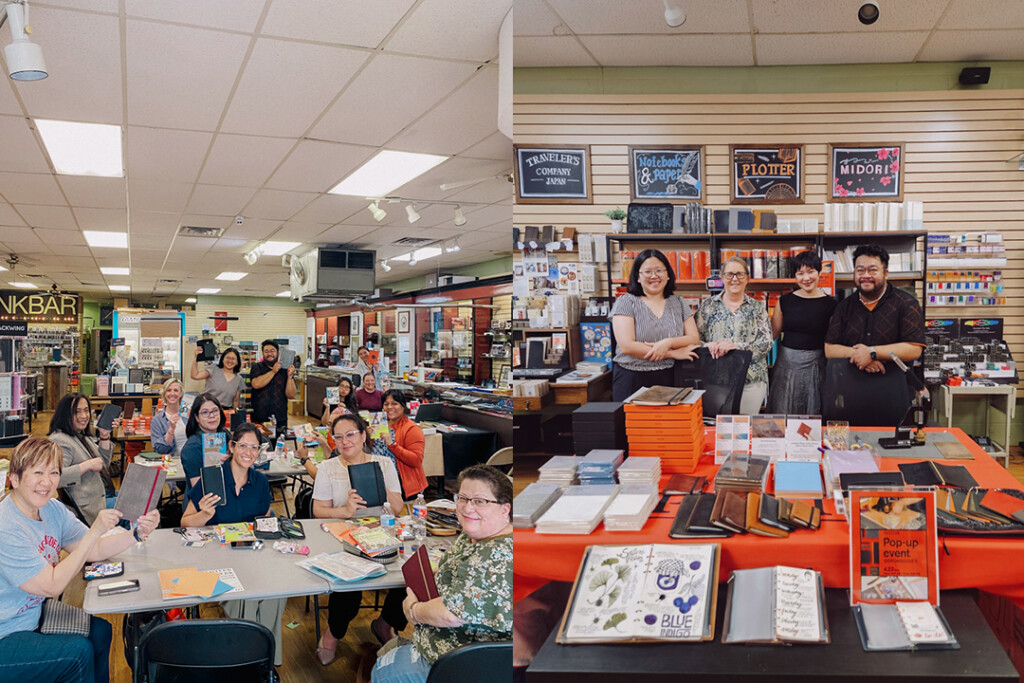 PLOTTER workshop students beside a photo of the Dromgooles and PLOTTER USA staff.