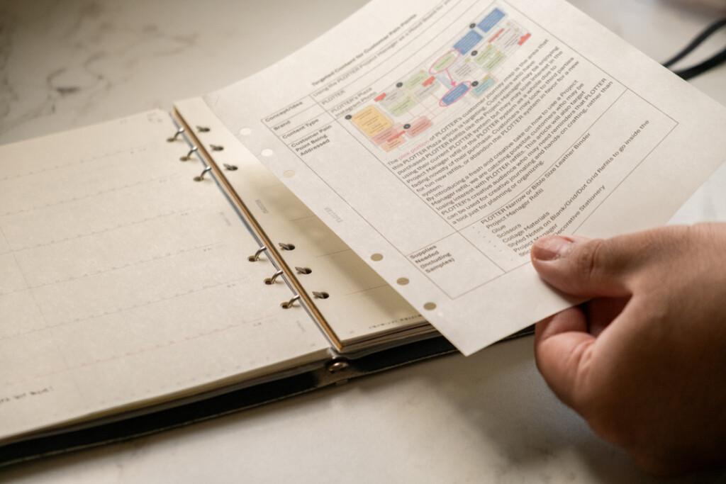 A person putting a printed sheet of PLOTTER paper in a PLOTTER Leather Binder.