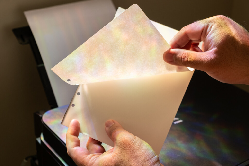A person tearing a single sheet from an A5 Refill Memo Pad in front of a printer.