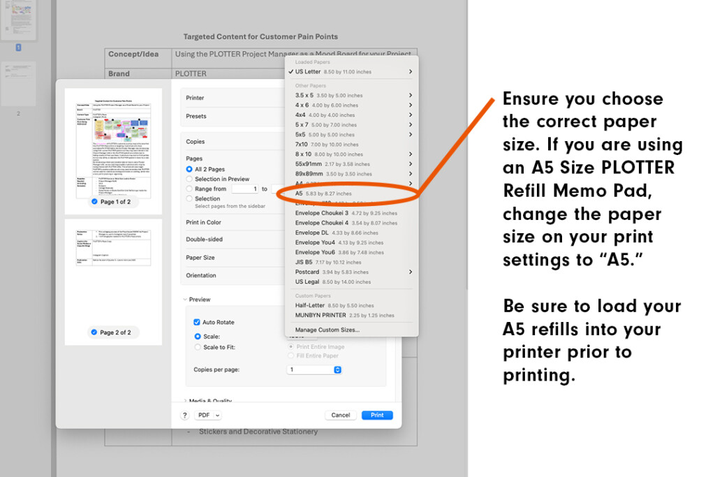 A Mac Operating System Printer Menu with instructions on how to choose the proper paper size for A5 size prints.