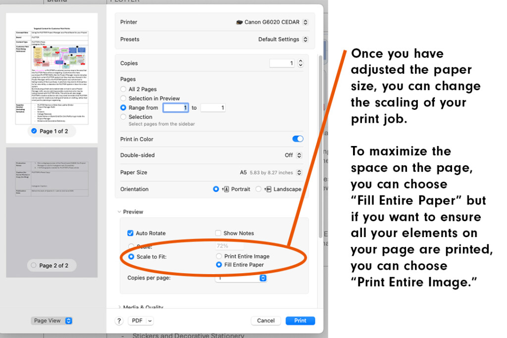 A Mac Operating System Printer Menu with instructions on how to choose the proper scaling of a document for A5 Size Paper.